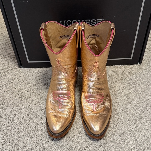 Lucchese Metallic Rose Gold Boots with Pink Accents - Picture 4 of 6